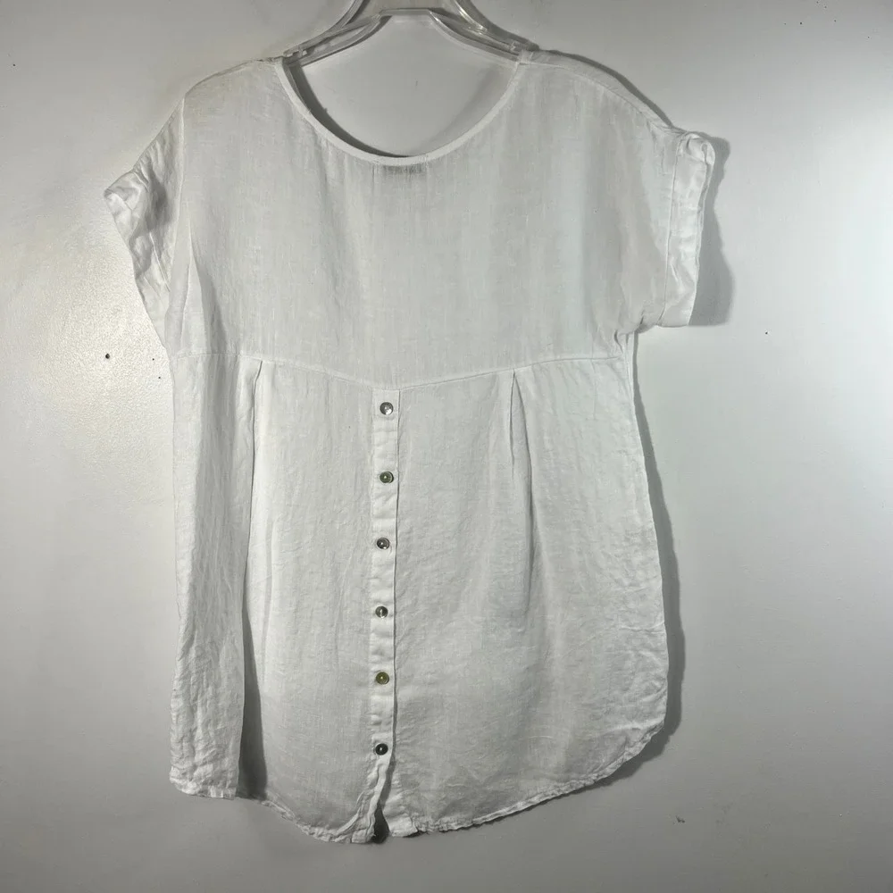Terzo Millennio White 100% Linen High Low Button Back Top Made in Italy Small